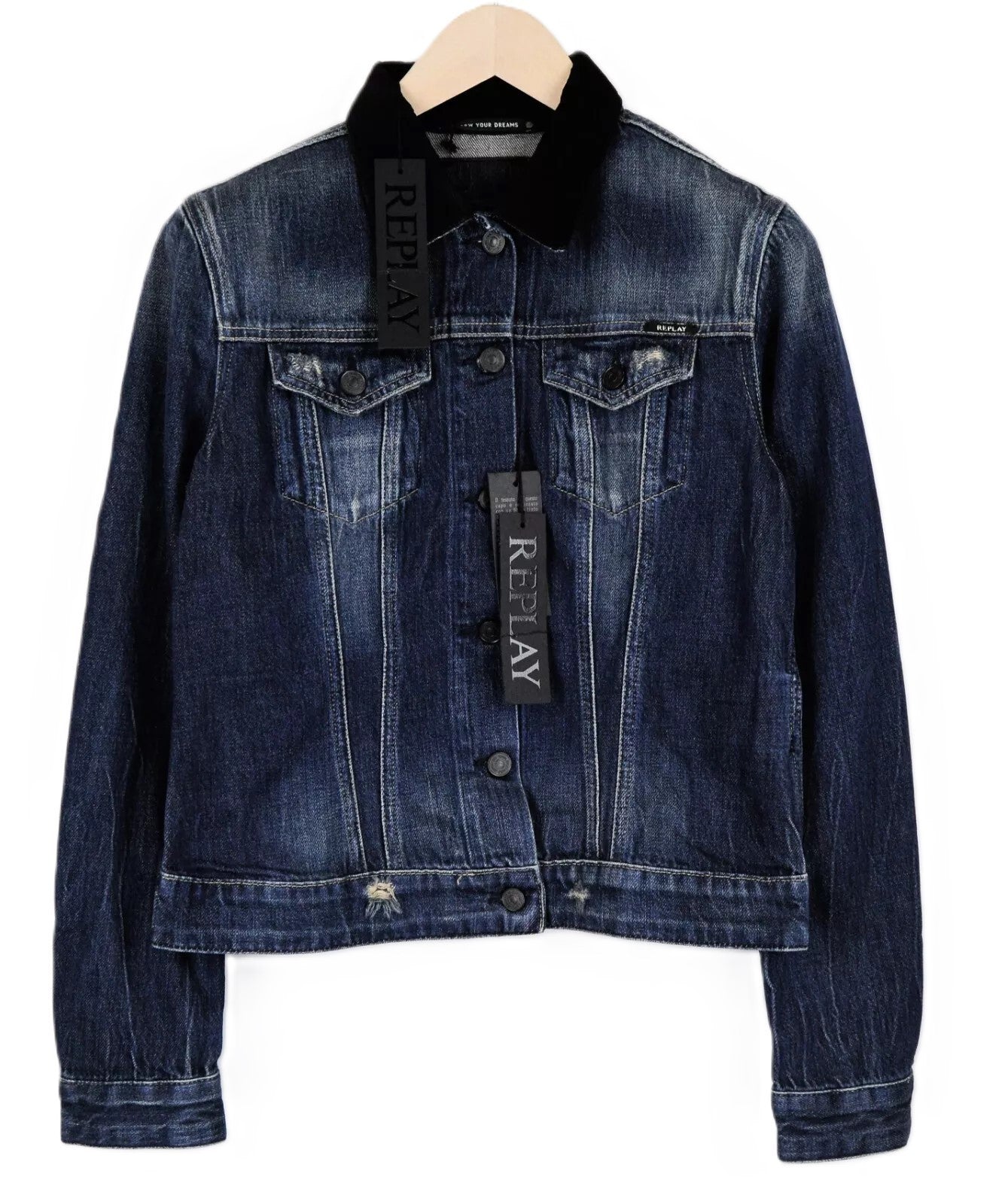 REPLAY Women's Denim Jacket XS Blue Washed Cotton Lightweight Long Sleeve