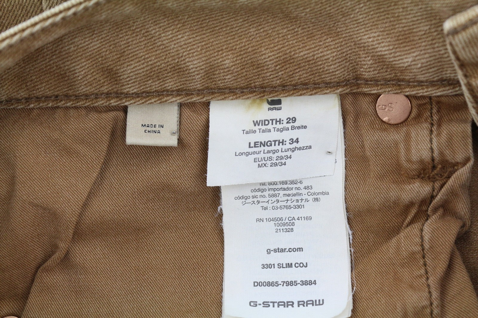 G-STAR 3301 Slim Coj Men's Jeans W29/L34 Brown Denim Button Fly Logo