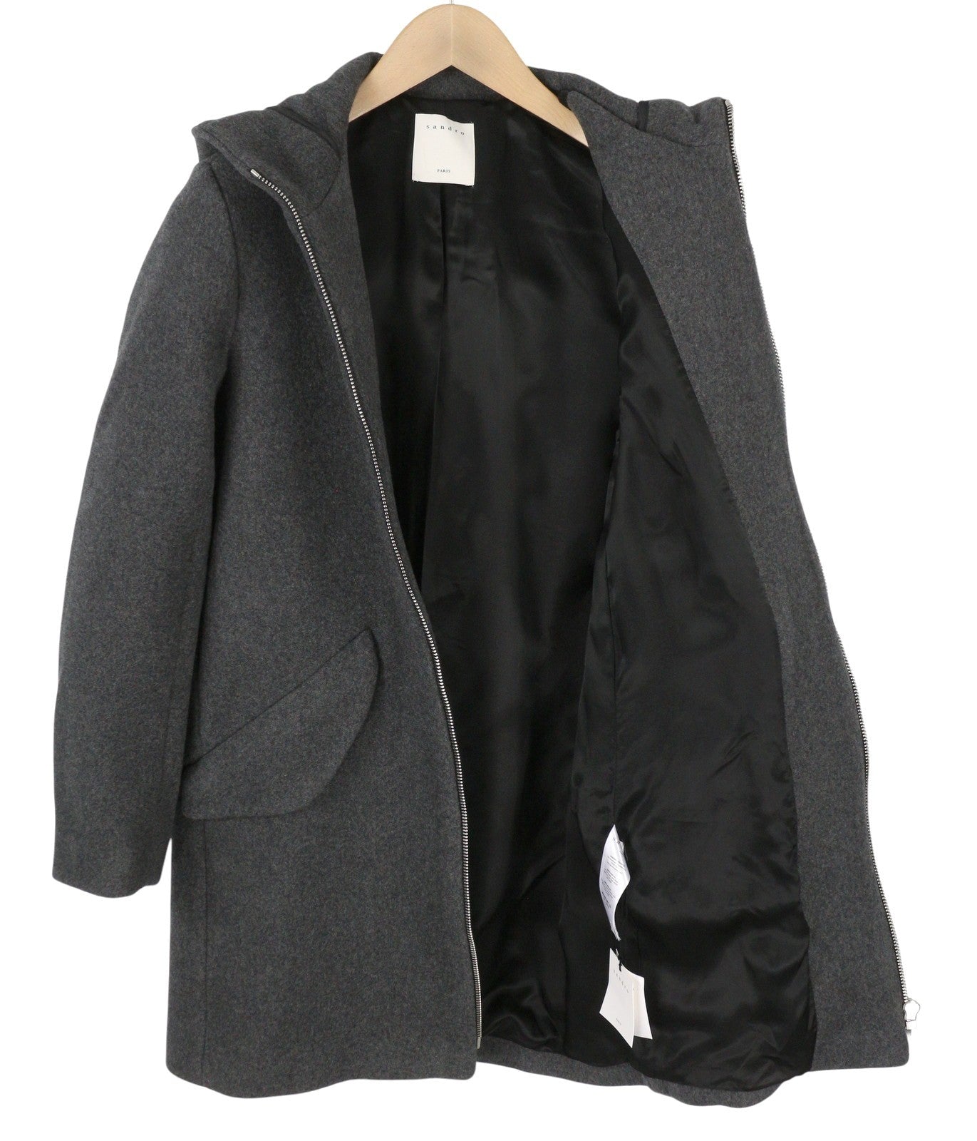 SANDRO Women Coat EU36 Grey Melange Wool Blend Hooded Lightweight Mid-Length