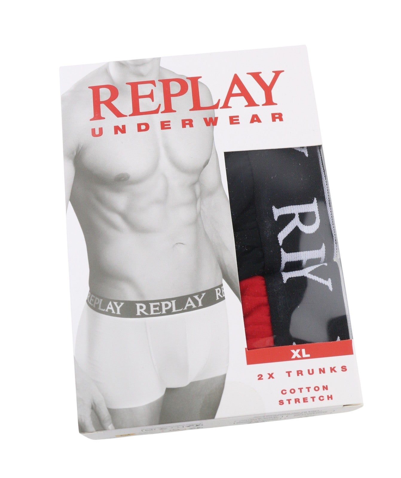 REPLAY Men Underwear XL Black Red Logo Cotton Stretch Trunks 2 Pack