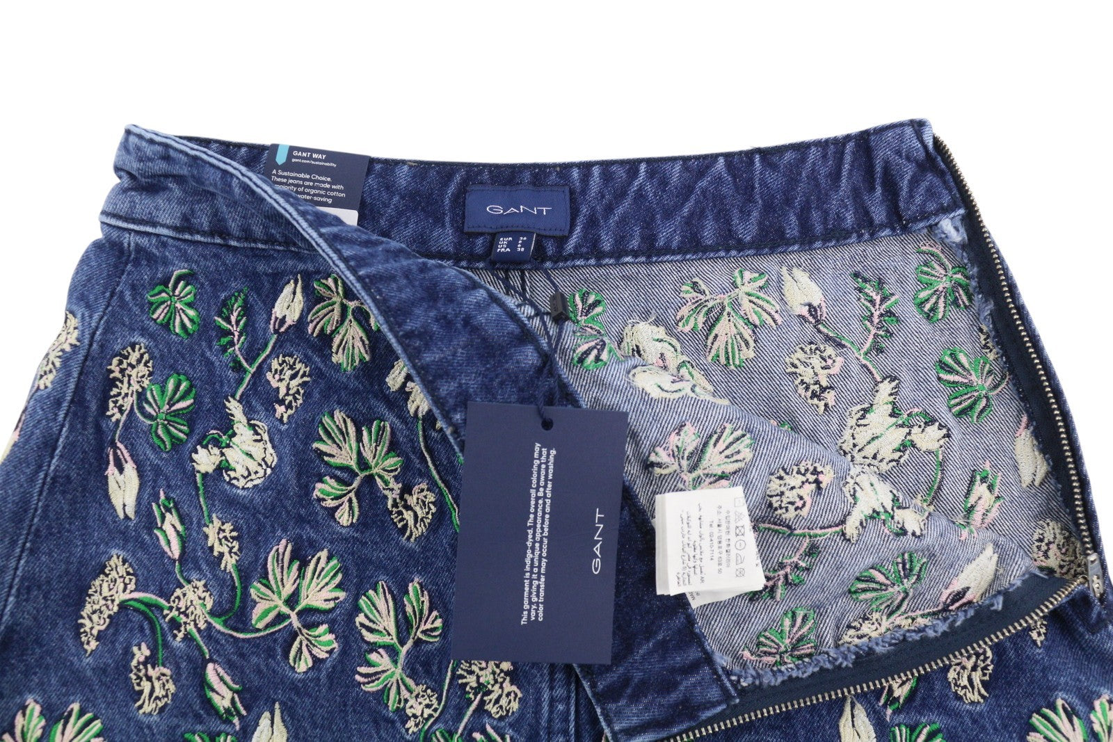 GANT Embroidered Short Denim Women Skirt EU36 Mid Blue Vintage Zip Fly