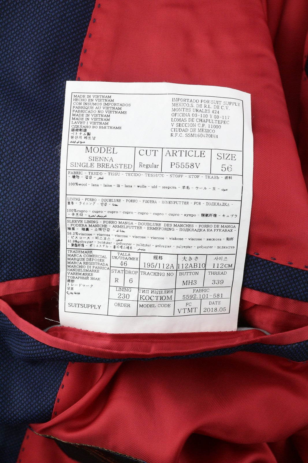 SUITSUPPLY Sienna Men's Suit UK46R Blue Wool Single Breasted Double Vent 2 Piece