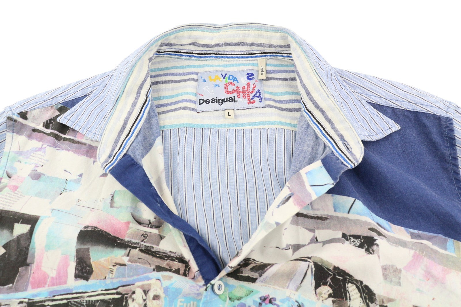 DESIGUAL Men's Shirt L Blue Pattern Casual Spread Collar Button Front