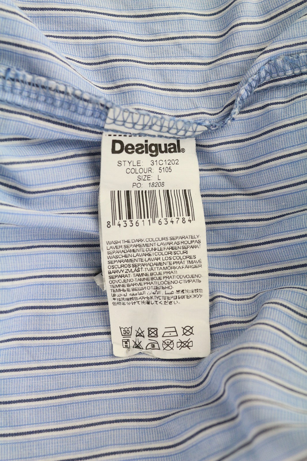 DESIGUAL Men's Shirt L Blue Pattern Casual Spread Collar Button Front
