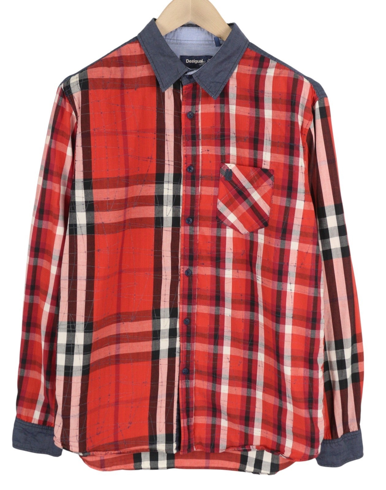 DESIGUAL Men's Shirt XL Plaid Casual Button Shirt With Patch Pocket