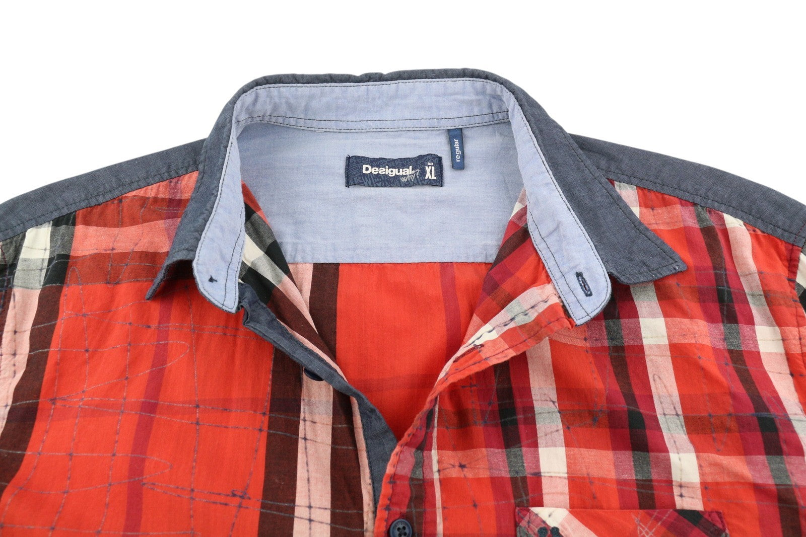 DESIGUAL Men's Shirt XL Plaid Casual Button Shirt With Patch Pocket