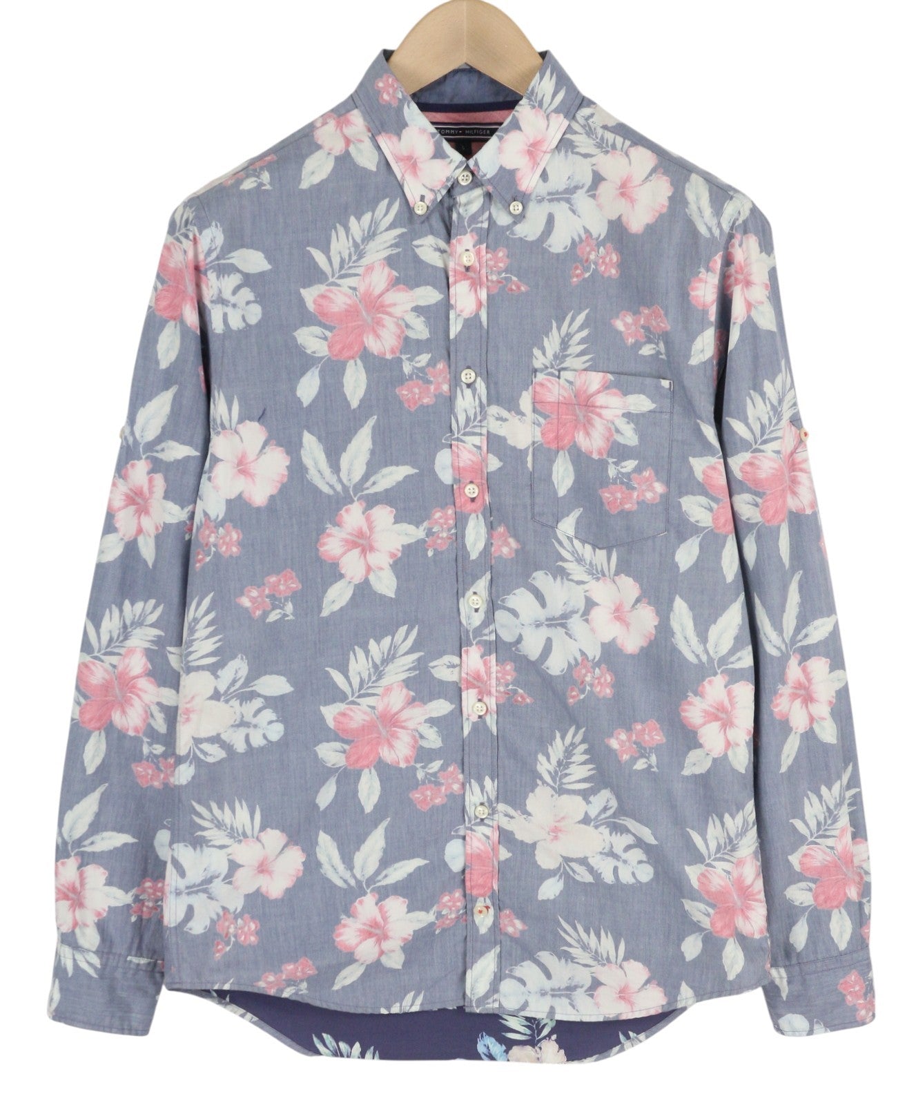 TOMMY HILFIGER New York Fit Men's Shirt S Floral Roll Sleeve Casual