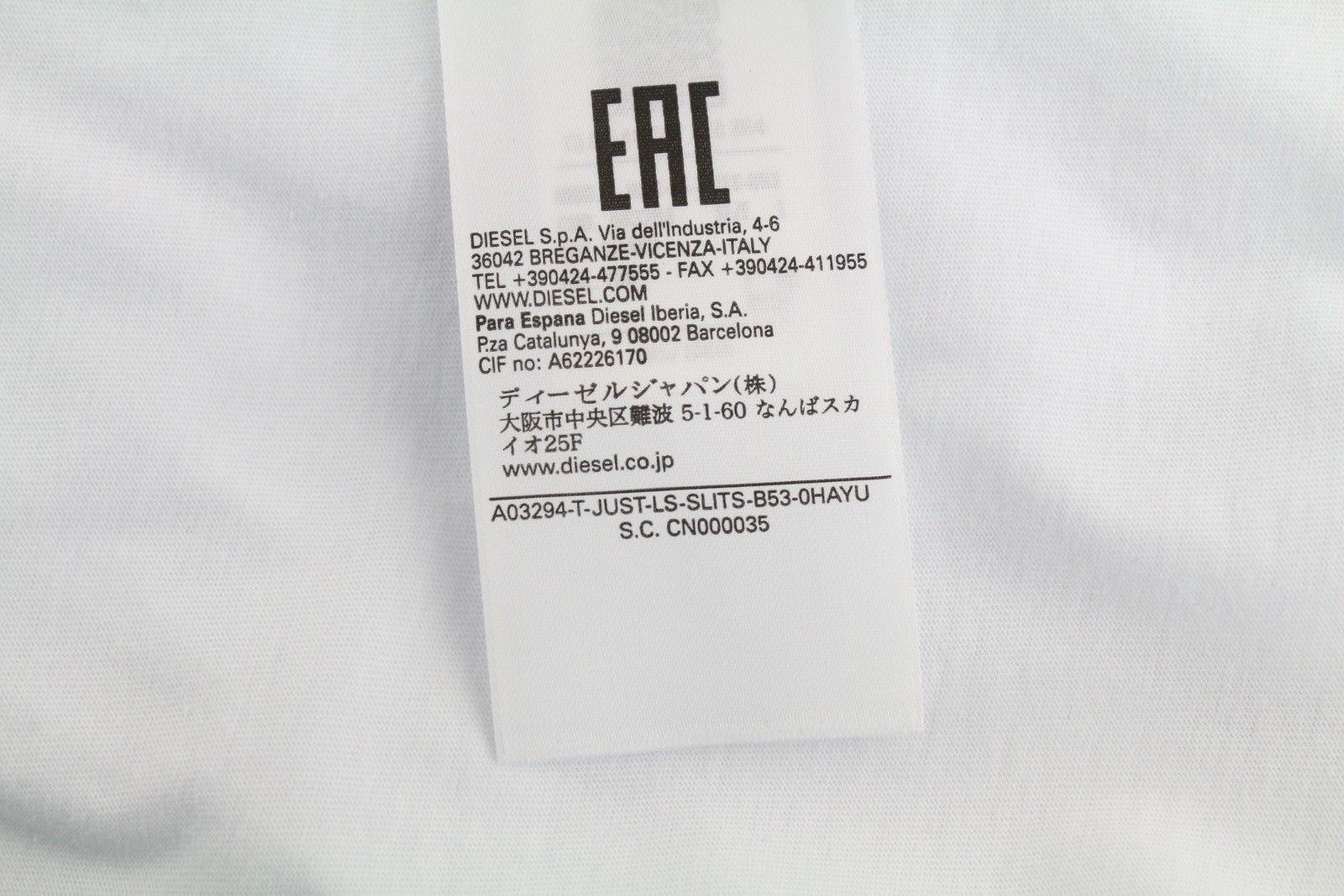 DIESEL T-Just-LS-Slits-B53 Men's T-Shirt L White Long Sleeve Cotton Tee