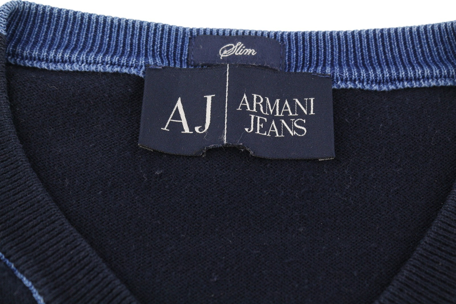 ARMANI JEANS Men's Jumper S Dark Blue Knitted V-Neck Slim Fit Logo