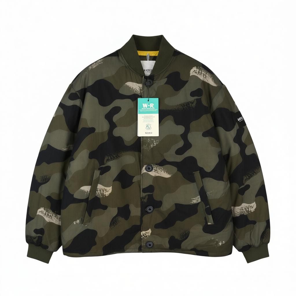 AIGLE Morister Men Jacket M Camouflage Padded Full Zip Button Up Bomber