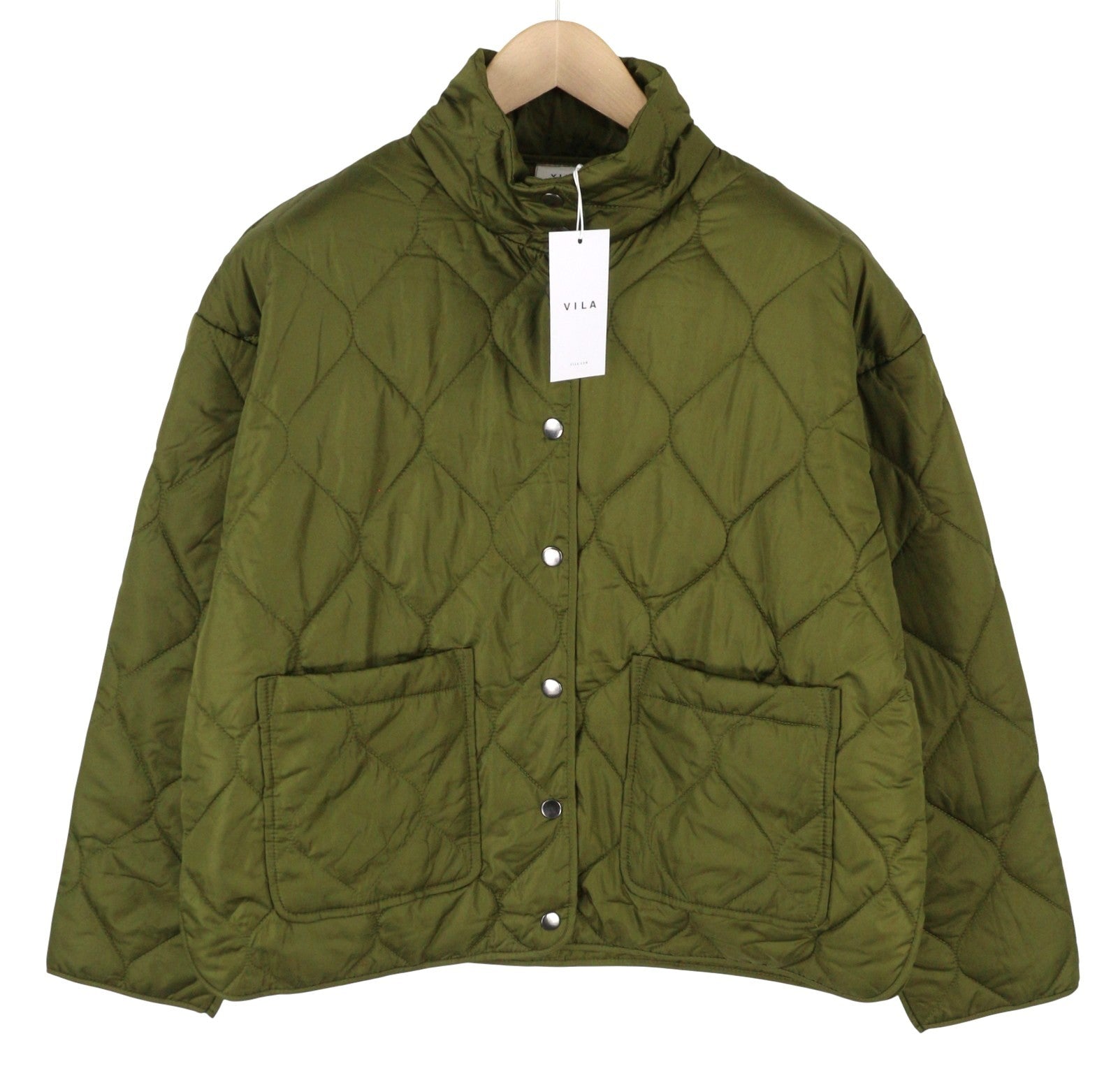 VILA Butta Collar Women Jacket EU38 Green Oversized Padded Quilted Lightweight