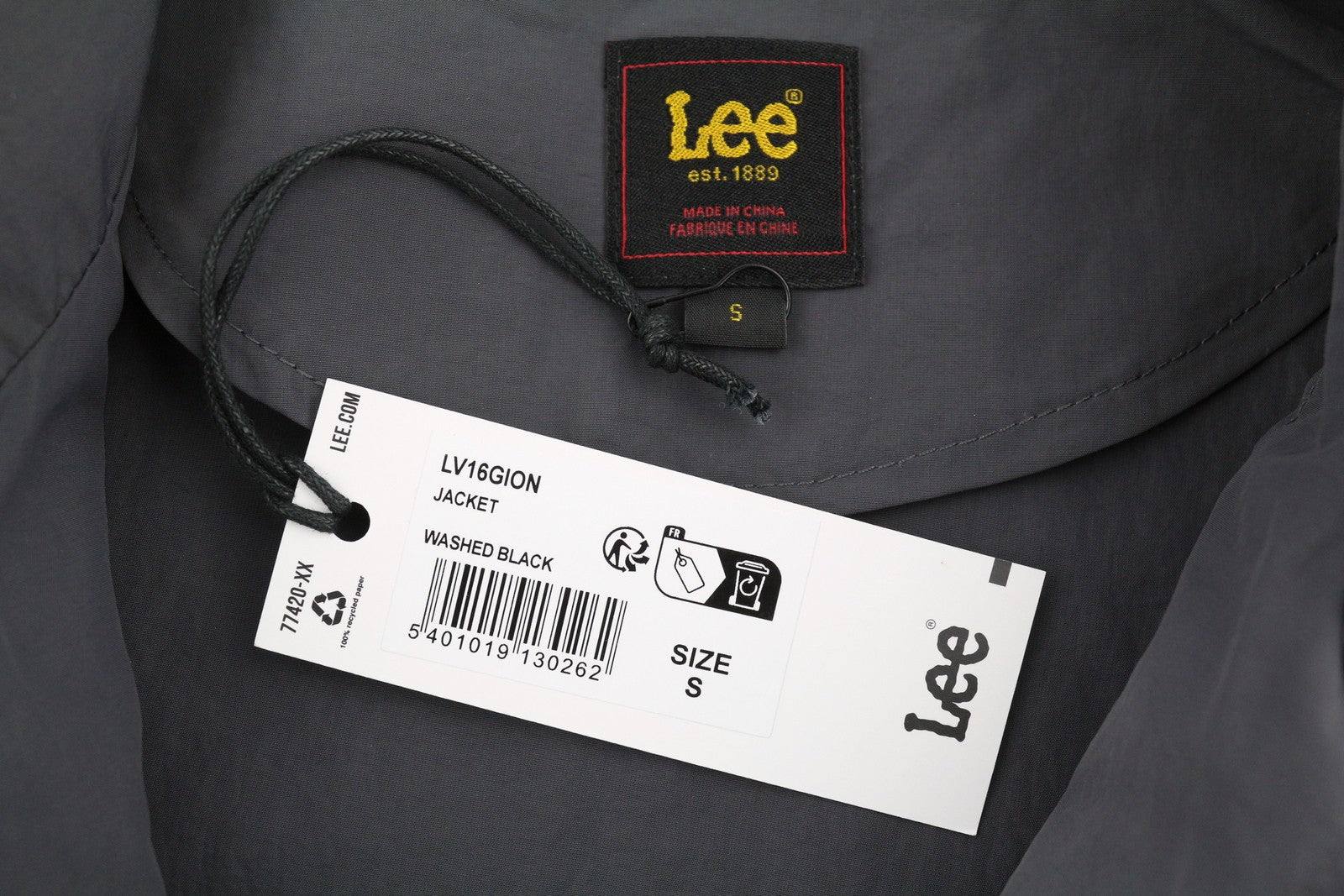 LEE Men Jacket S Washed Black Spread Neck Full Zip Unlined Lightweight