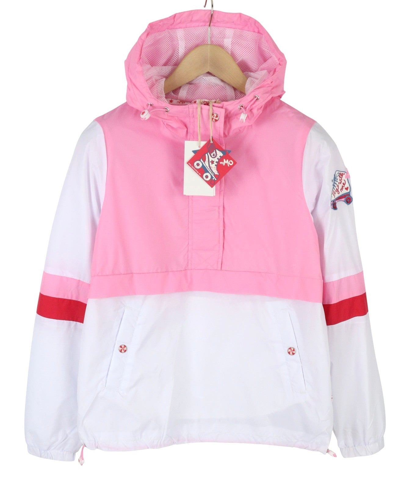 MYMO Women Jacket S Anorak Mesh Lined Hooded Lightweight Pink White