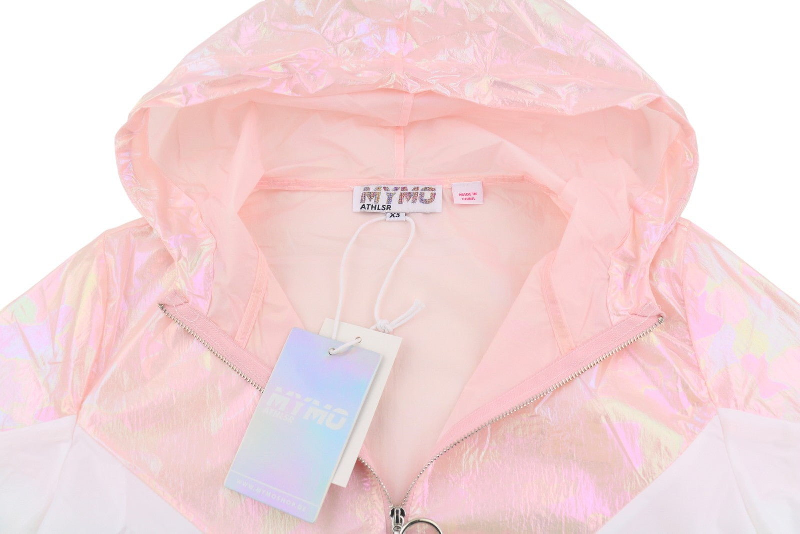 MYMO Athlsr Women Jacket XS Pink White Holographic Hooded Full Zip Lightweight