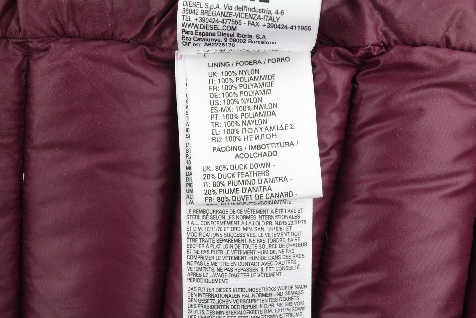 DIESEL Women's Jacket S Burgundy Down Hooded Zip Snap Puffer