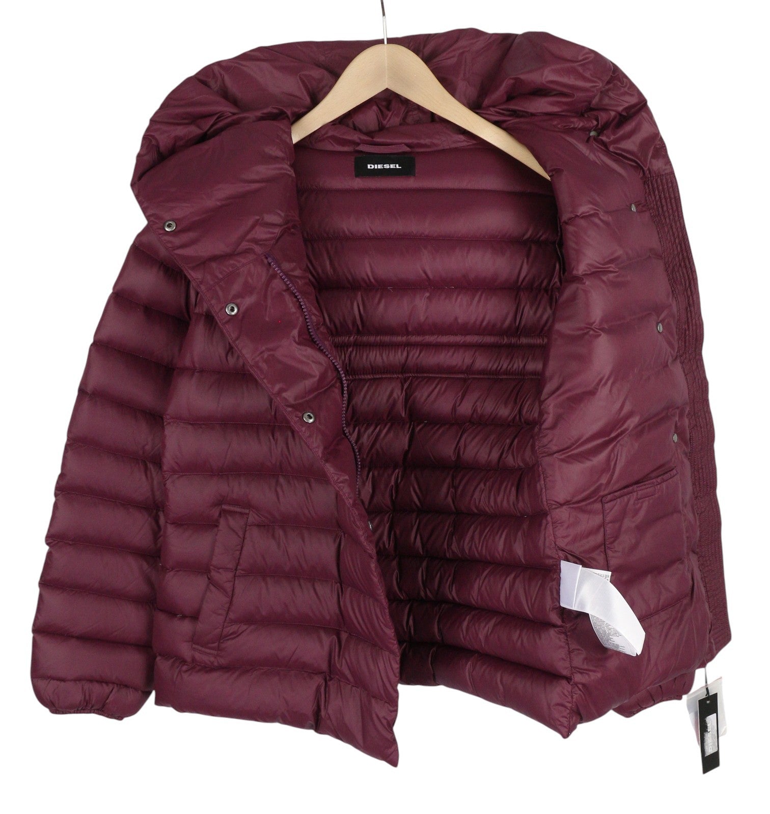 DIESEL Women's Jacket S Burgundy Down Hooded Zip Snap Puffer