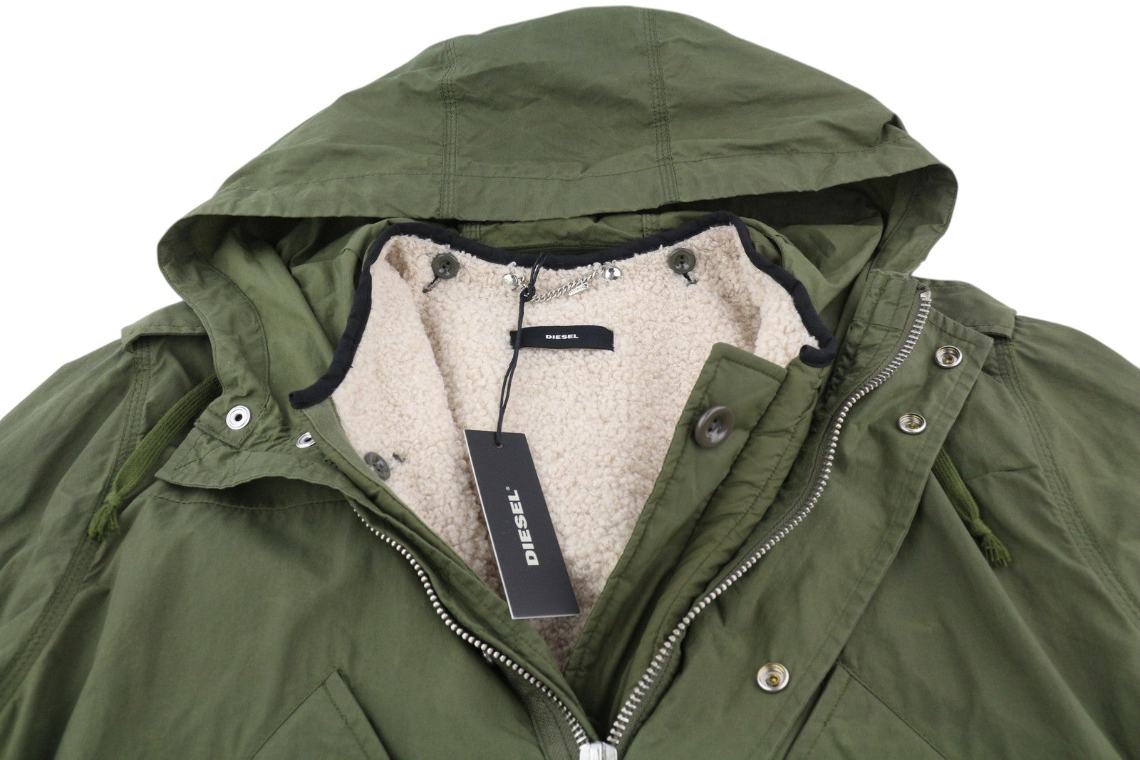 DIESEL W-Terry Women's Jacket M Green Hooded Parka Sherpa Lined RRP395