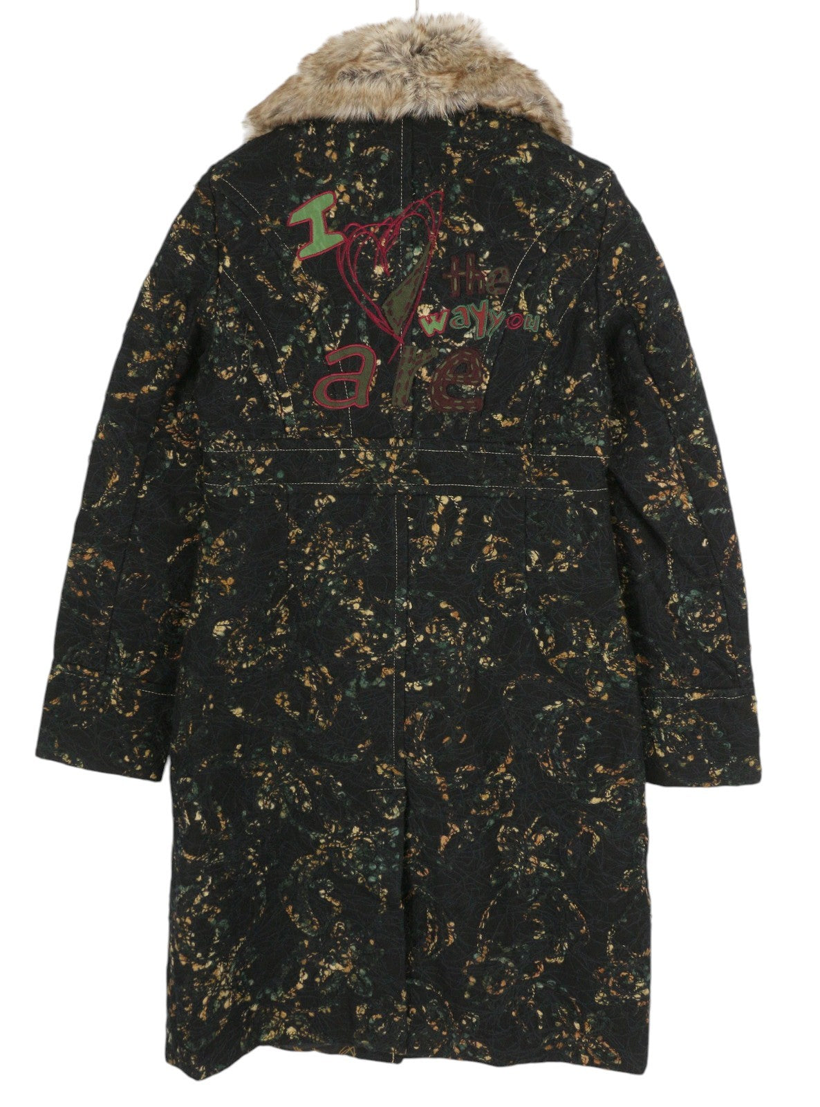 DESIGUAL Women's Coat XS Black Wool Blend Pattern Faux Fur Trim