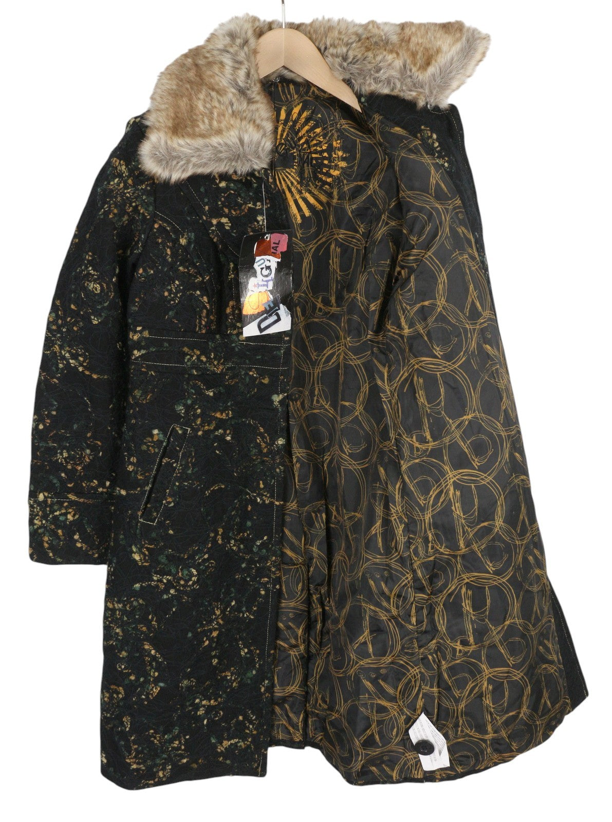 DESIGUAL Women's Coat XS Black Wool Blend Pattern Faux Fur Trim