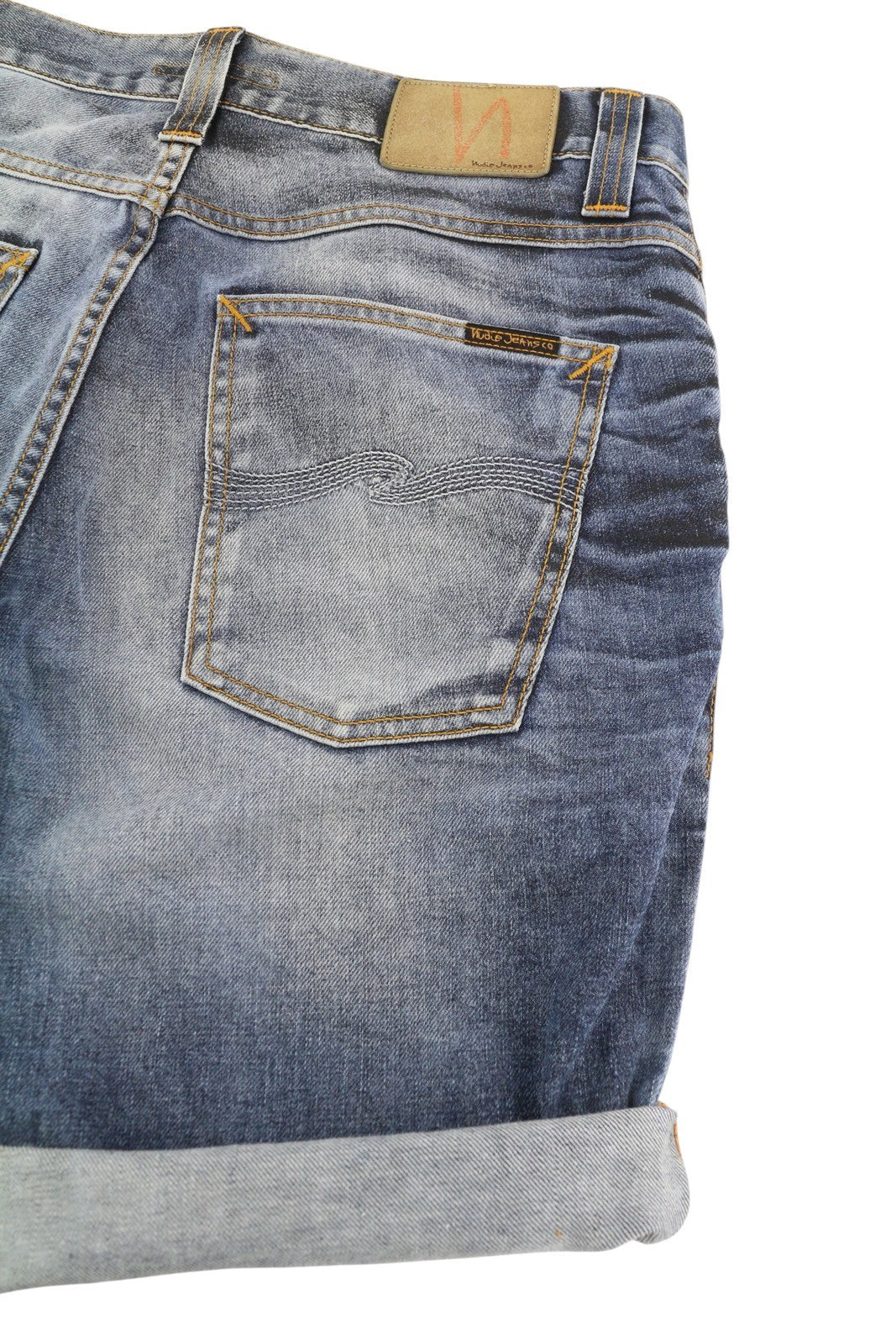 NUDIE JEANS Grim Tim Men's Shorts W33 Blue Washed Button Fly Turn Up