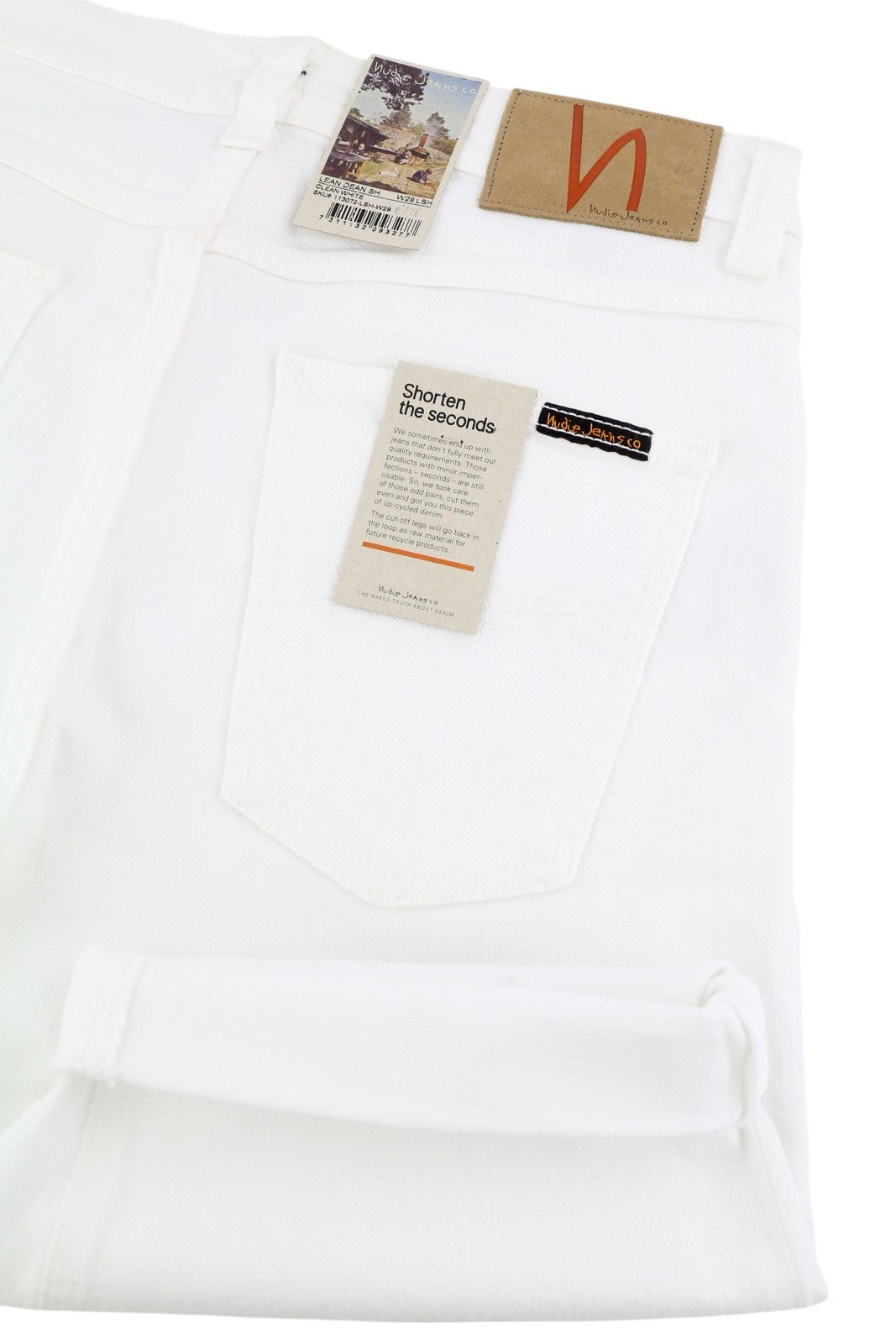 NUDIE JEANS Lean Dean Men's Shorts W29 White Denim Zip Fly Turn Up