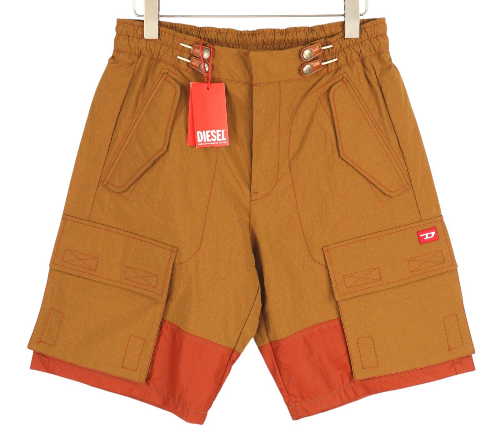 DIESEL P-Glary Men's Shorts W32 Mid Brown Cargo Elastic Pocket Logo RRP175