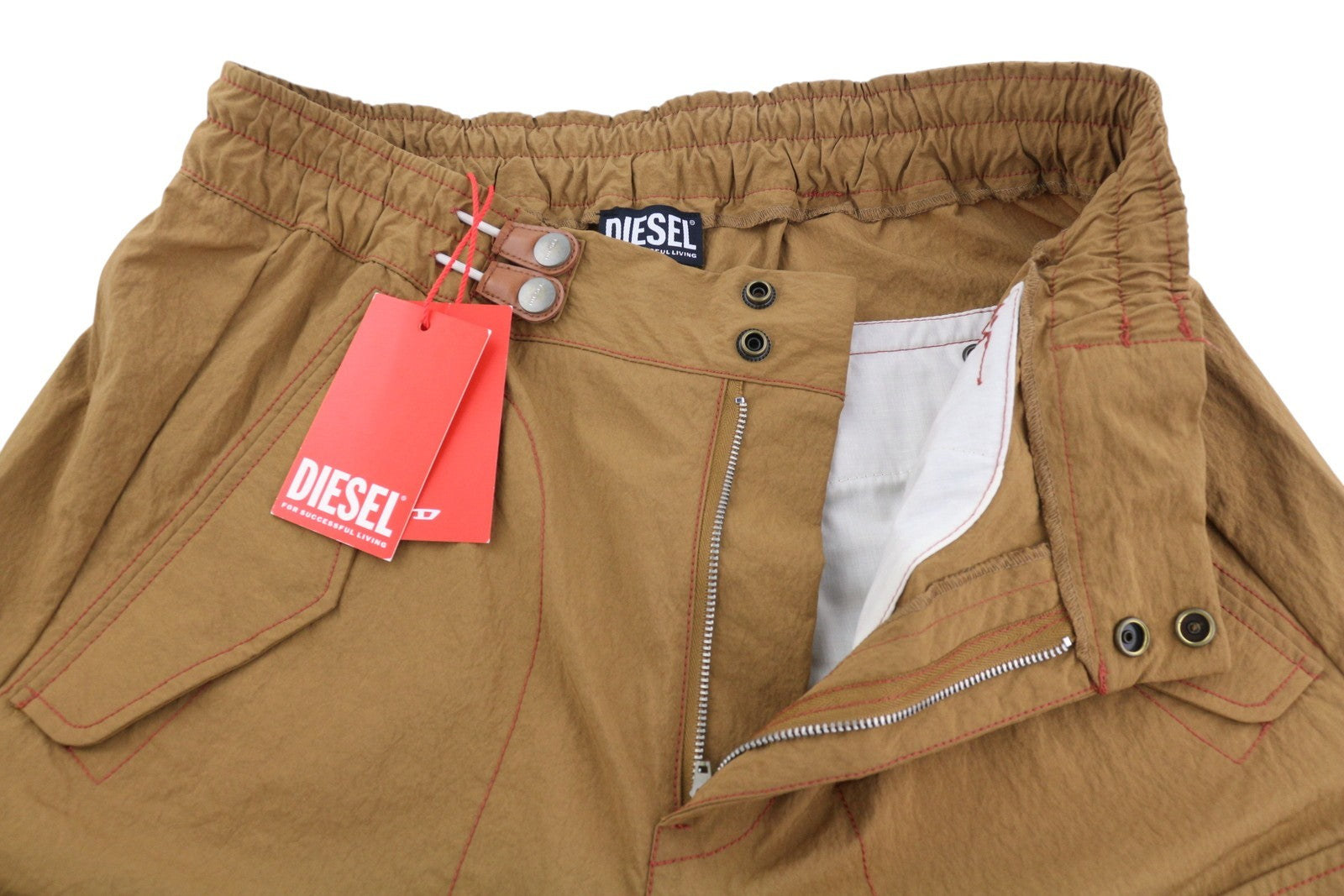 DIESEL P-Glary Men's Shorts W32 Mid Brown Cargo Elastic Pocket Logo RRP175