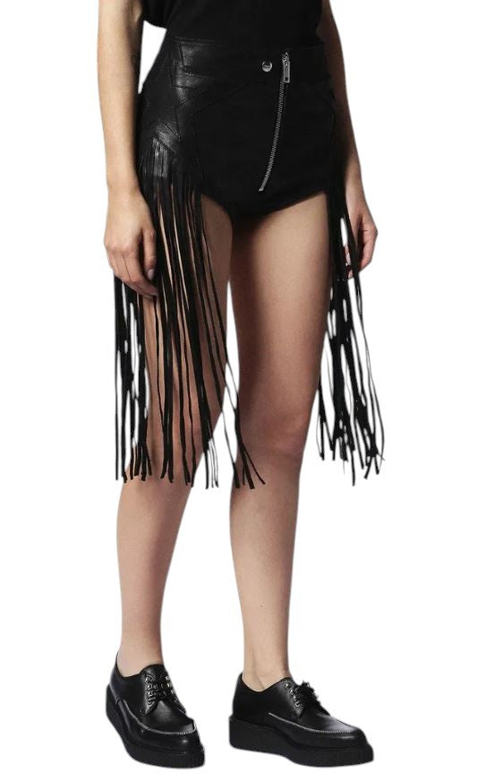 DIESEL L-Leonis 0GANN Women Shorts W24 Black Cowhide Leather Fringe Trim RRP500