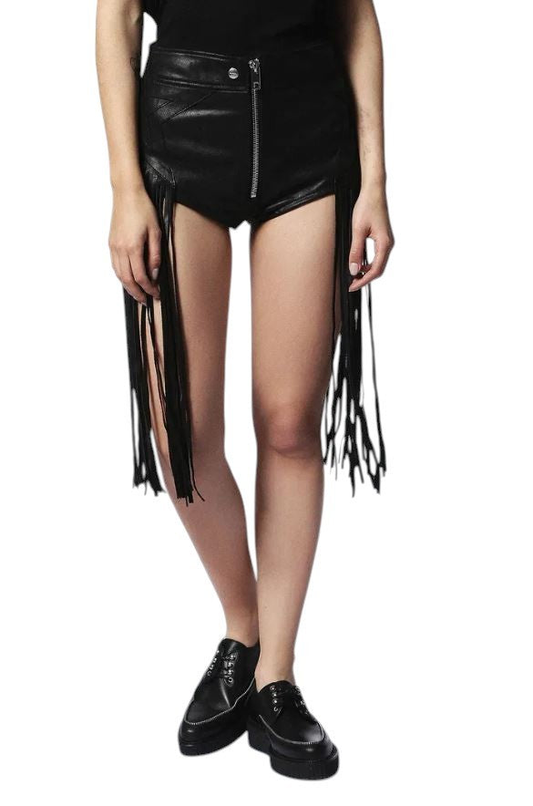 DIESEL L-Leonis 0GANN Women Shorts W24 Black Cowhide Leather Fringe Trim RRP500