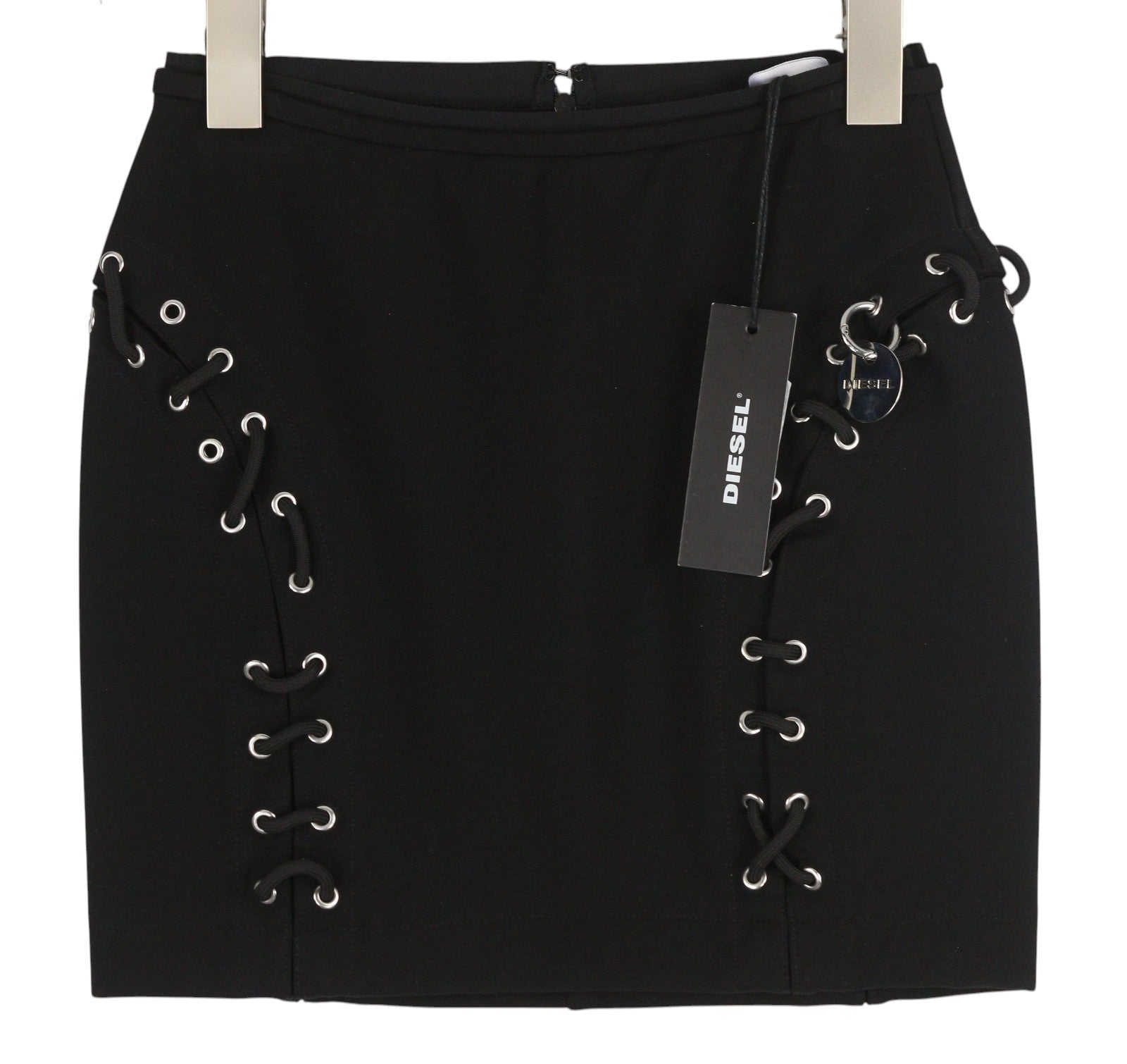 DIESEL O-Fujo 0JASB Women's Skirt W24 Black Stretch Fitted Silver Detail