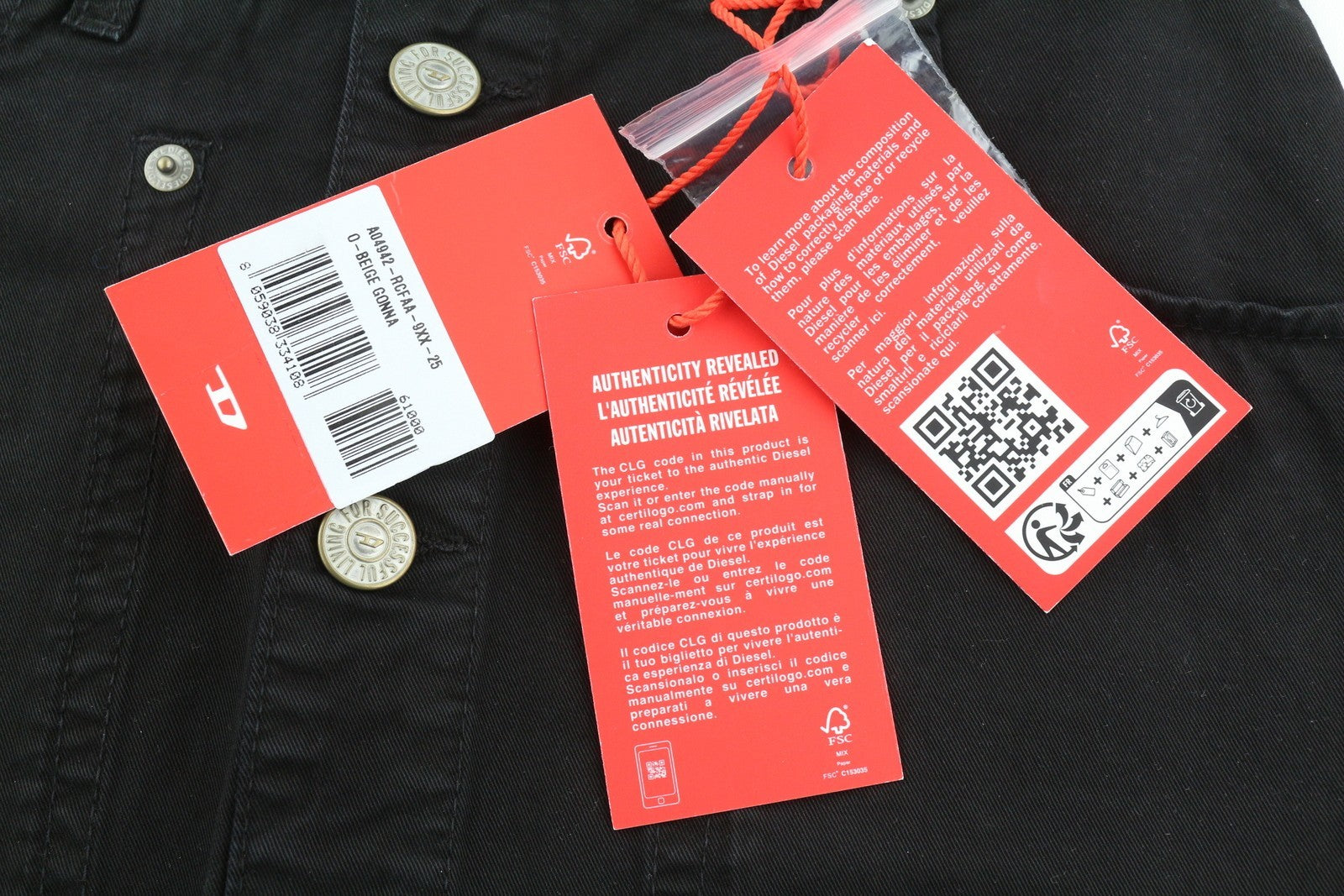 DIESEL O-Beige Women's Skirt W25 Black Cotton Buttoned Mini Five Pocket