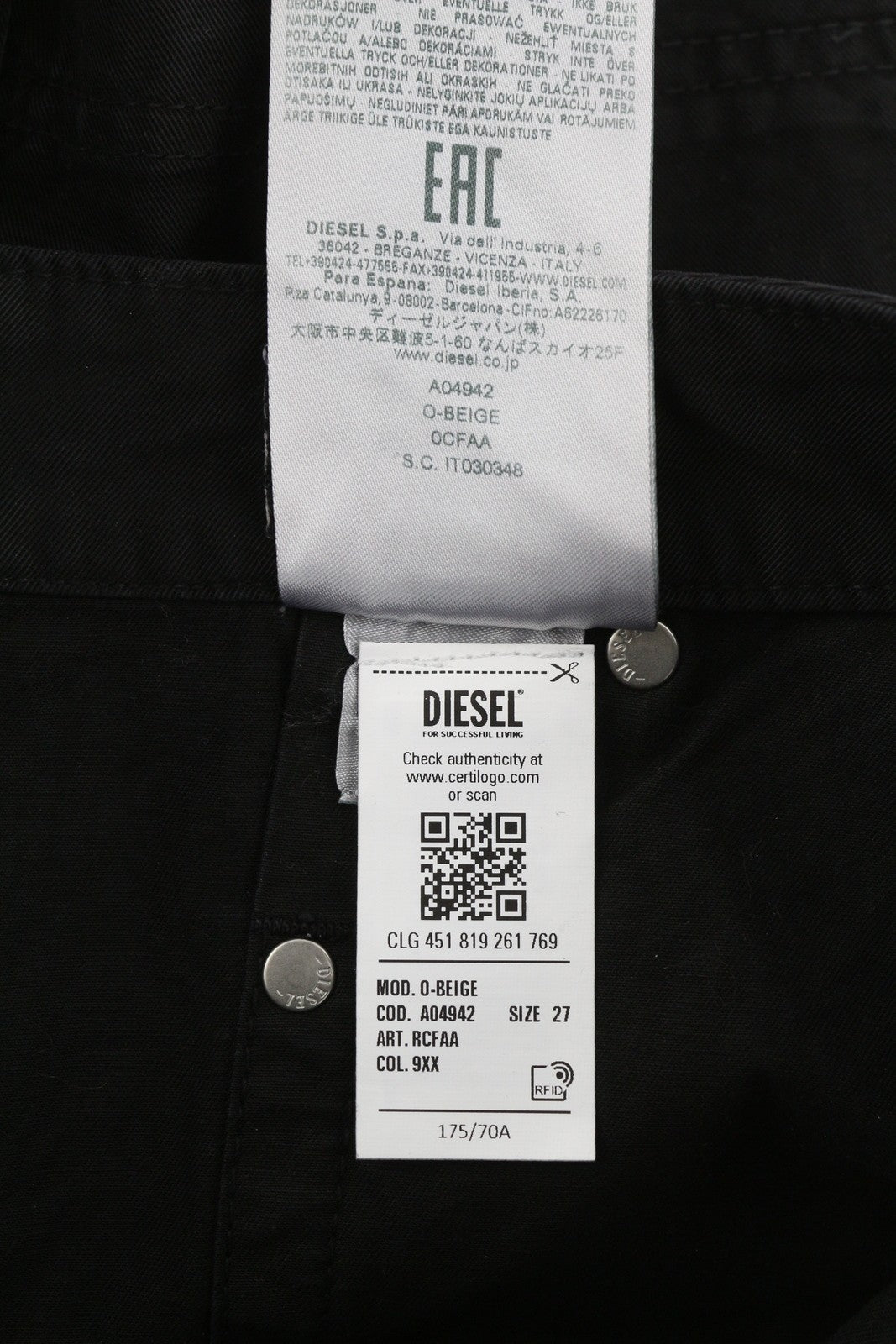 DIESEL O-Beige Women's Skirt W27 Black Cotton Buttoned Pocket Mini