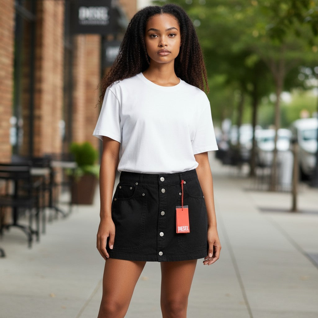 DIESEL O-Beige Women's Skirt W29 Black Cotton Buttoned Logo Mini