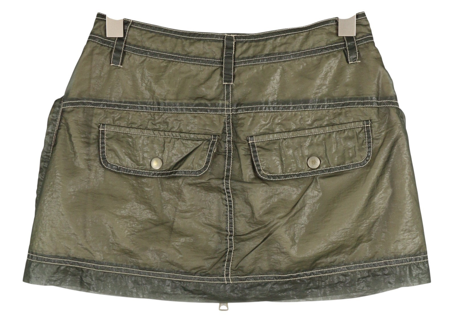 DIESEL O-Kylie-A Women's Skirt W26 Khaki Coated Look Zip Mini Pockets