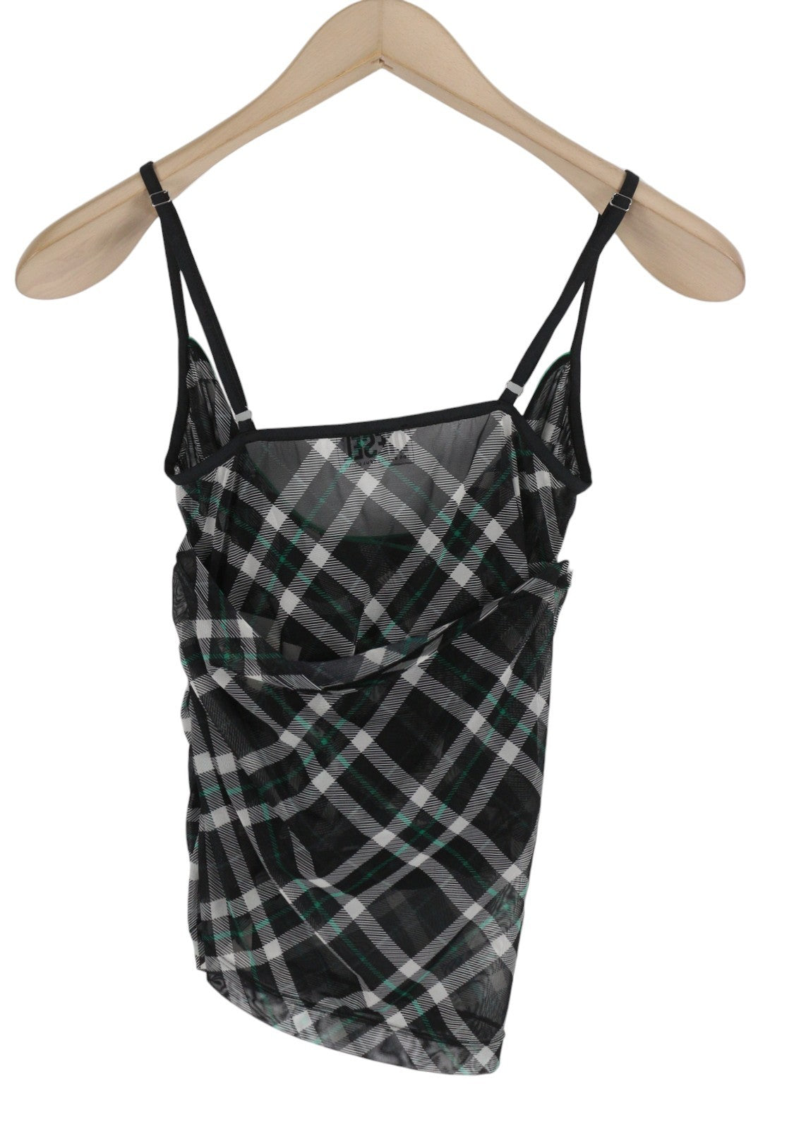 DIESEL T-Solas-Drap Women's T-Shirt S Black Plaid Sleeveless Ruffle Sides