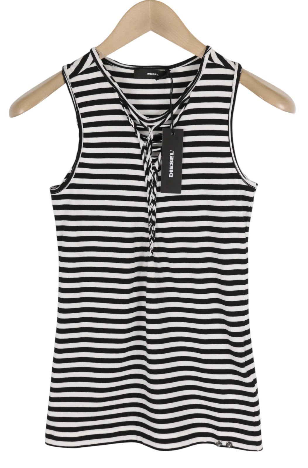 DIESEL T-Amos Women's T-Shirt S White Black Stripe Sleeveless Logo