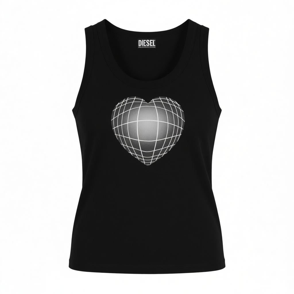 DIESEL T-Urar Women's T-Shirt XS Black Sleeveless Tricot Heart Print
