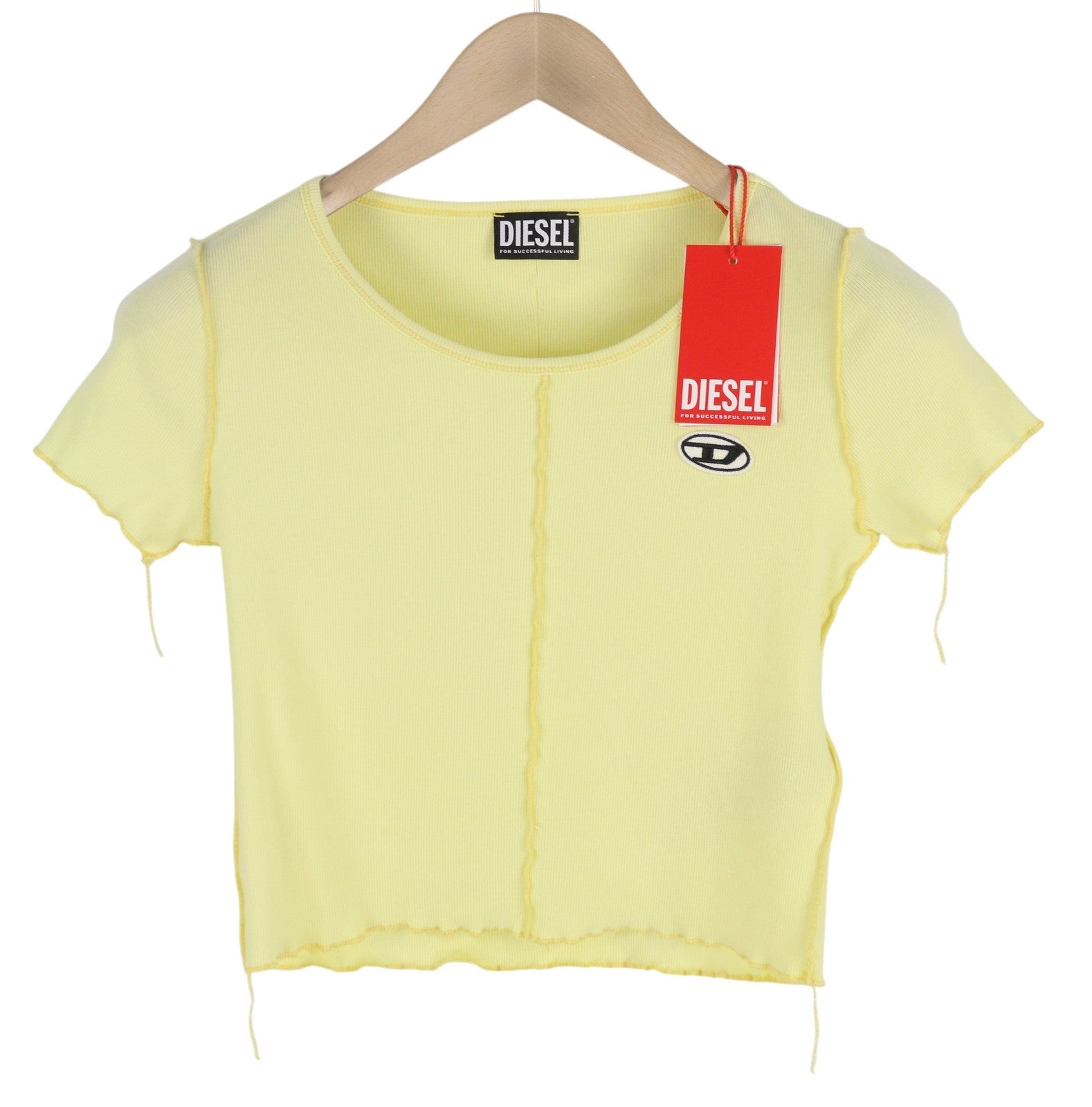 DIESEL T-Ribby Women's T-Shirt M Yellow Cropped Stretch Short Sleeve