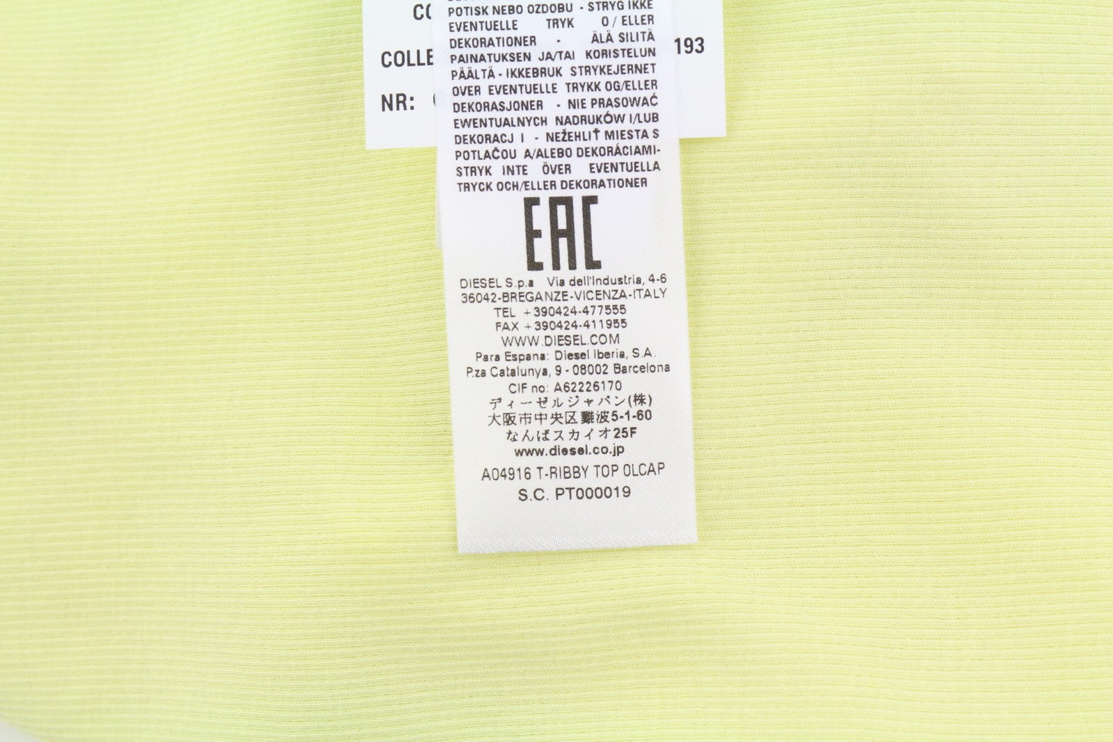 DIESEL T-Ribby Women's T-Shirt S Yellow Cropped Stretch Short Sleeve