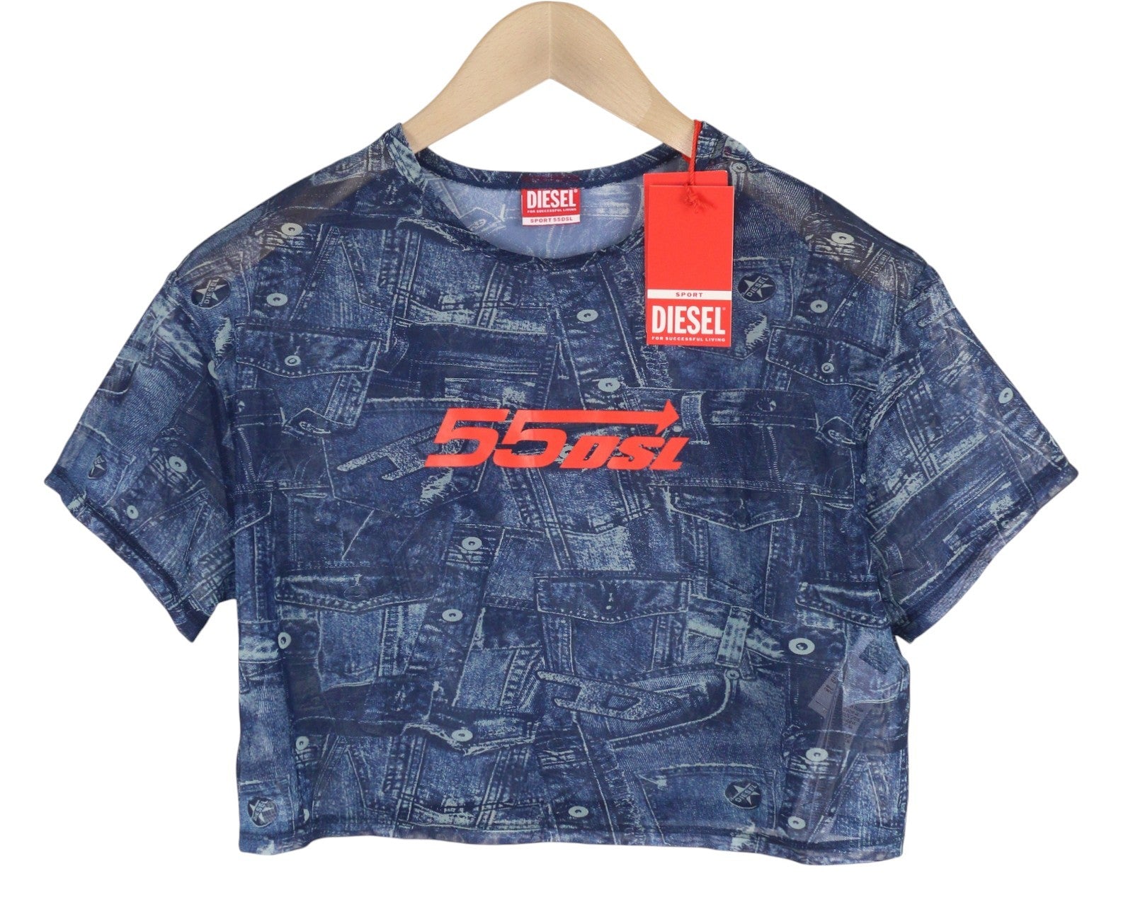 DIESEL Awtee-Briize-Wt28 Women's T-Shirt S Blue Washed Sheer Cropped