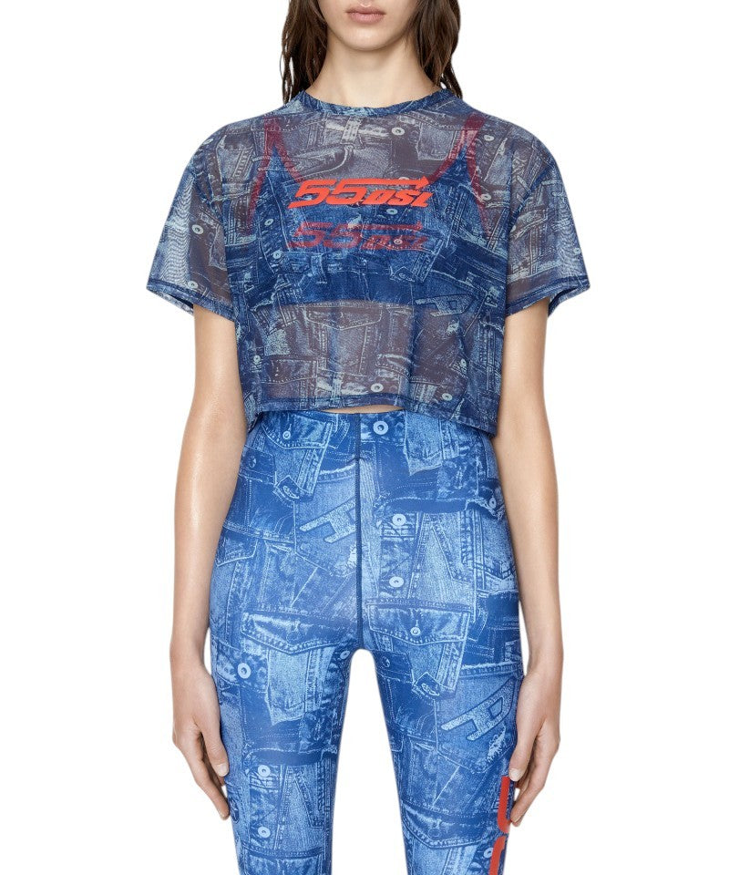 DIESEL Awtee-Briize-Wt28 Women's T-Shirt M Blue Washed Cropped Sheer Tee