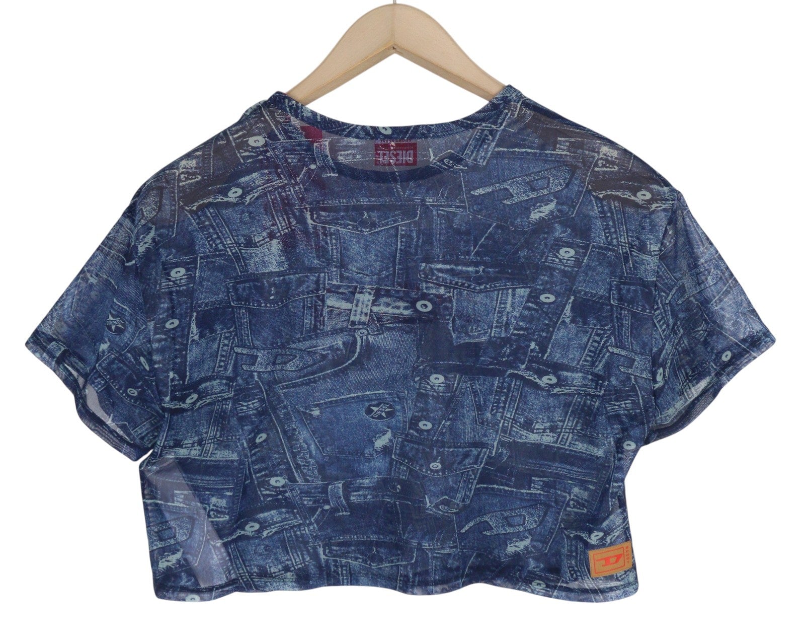 DIESEL Awtee-Briize-Wt28 Women's T-Shirt M Blue Washed Cropped Sheer Tee