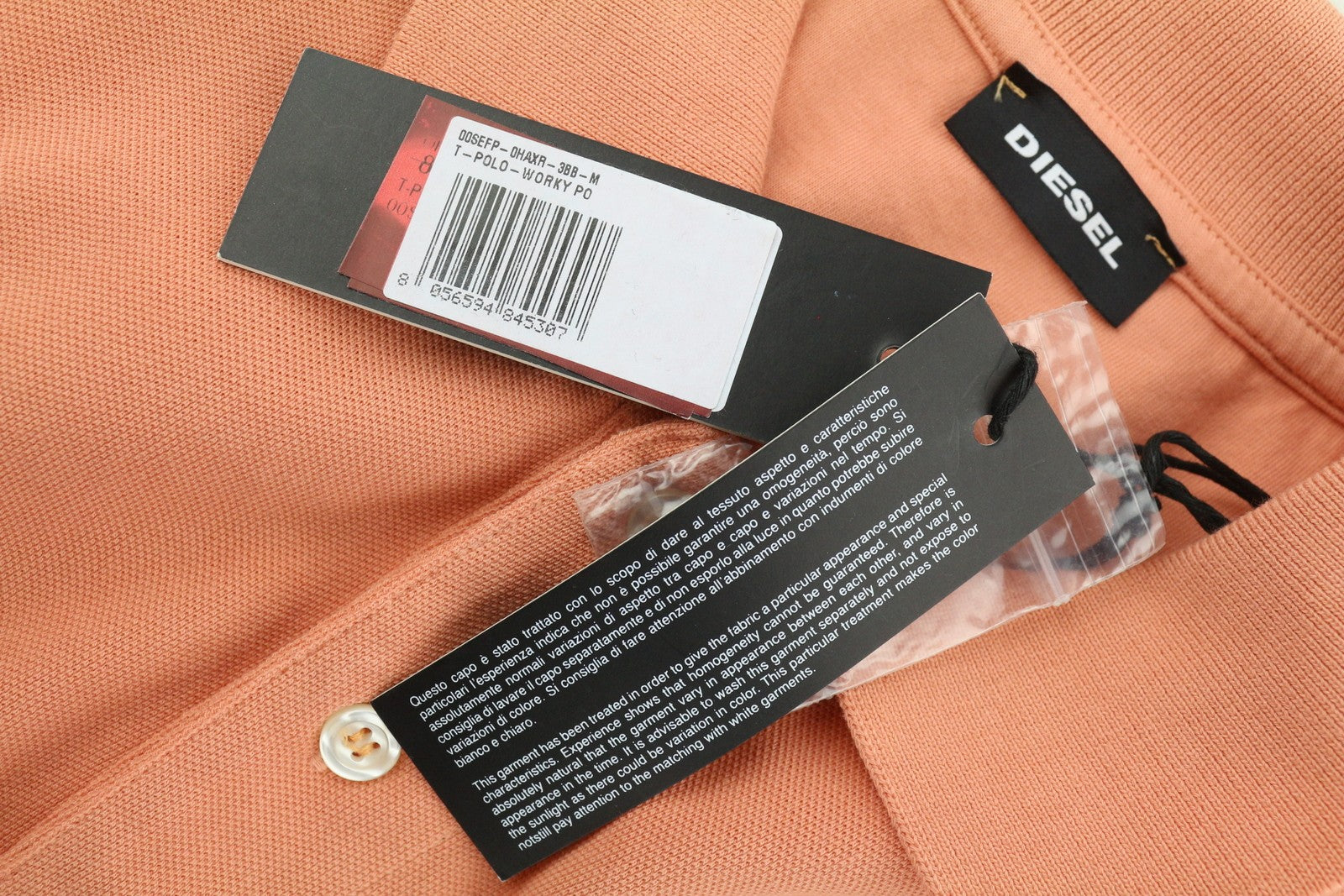 DIESEL T-Polo-Worky Men's T-Shirt M Peach Stretch Polo Half Button Logo