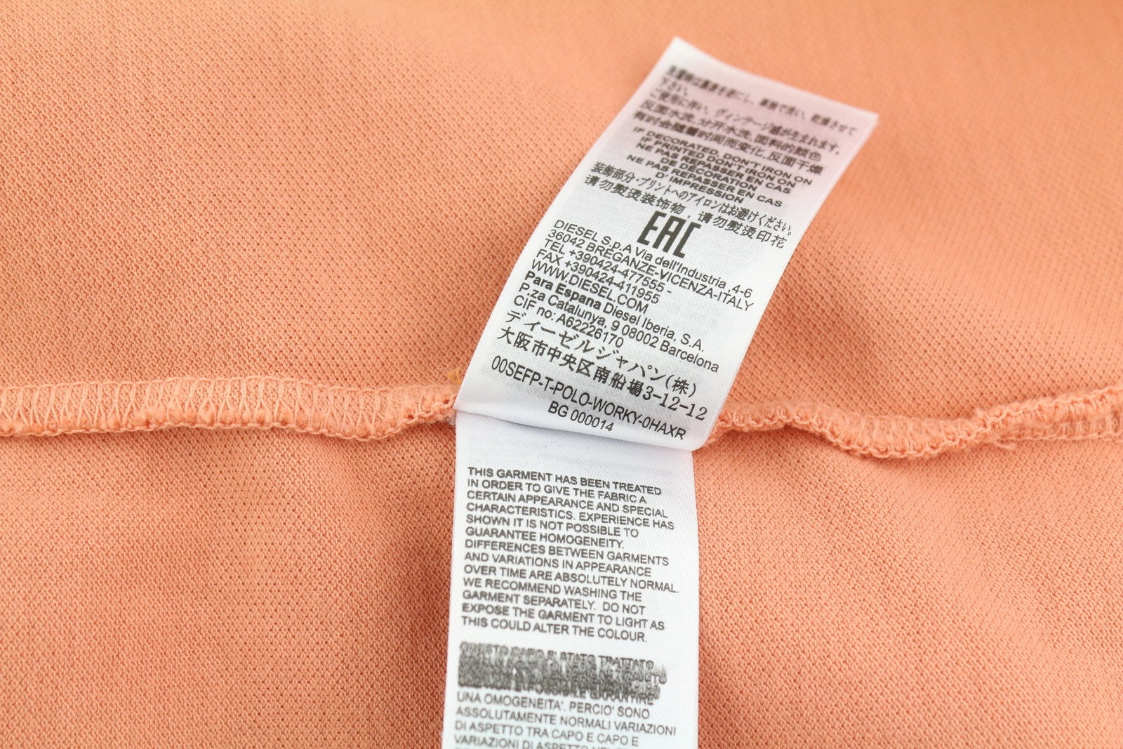 DIESEL T-Polo-Worky Men's T-Shirt M Peach Stretch Polo Half Button Logo