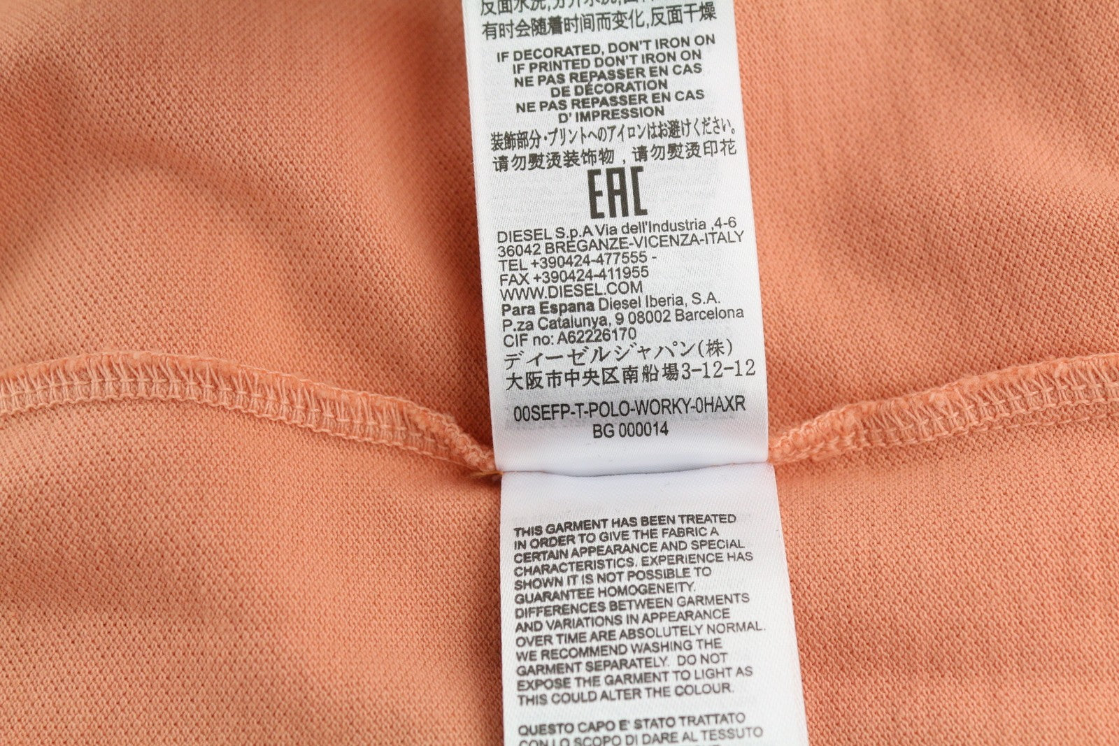 DIESEL T-Polo-Worky Men's T-Shirt S Peach Stretch Polo Half Button