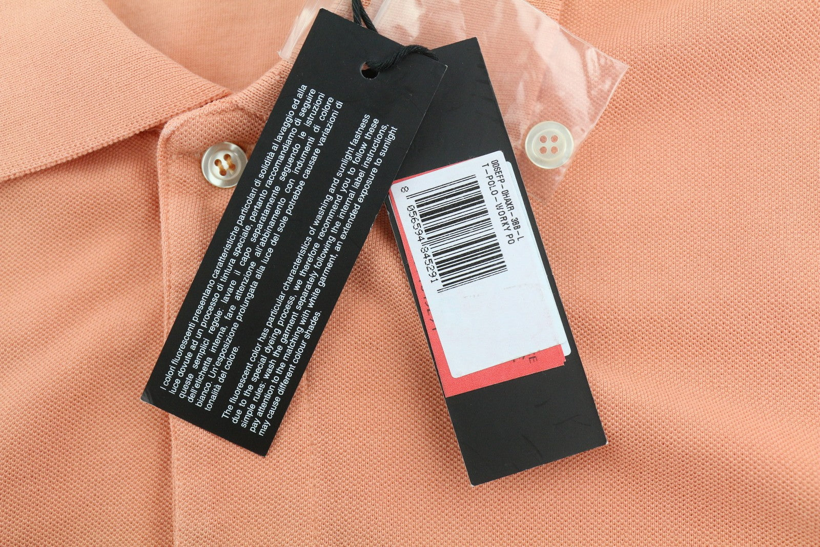 DIESEL T-Polo-Worky Men's T-Shirt L Peach Stretch Polo Button Neck