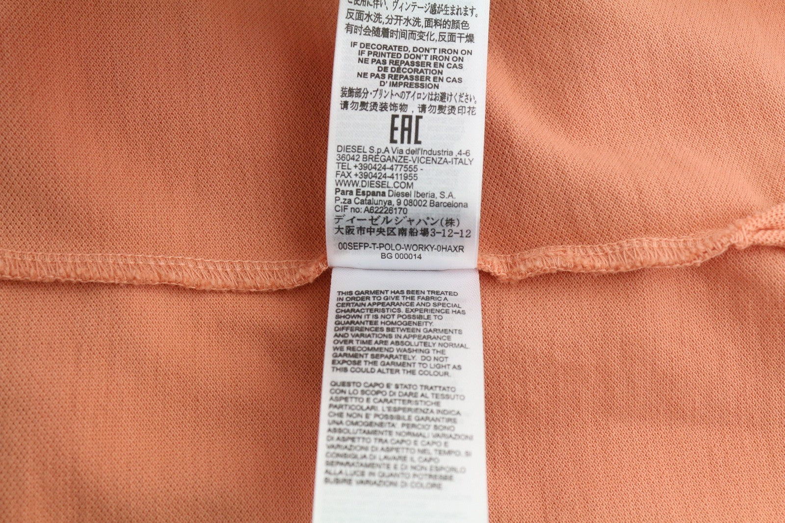 DIESEL T-Polo-Worky Men's T-Shirt L Peach Stretchy Polo Half Button