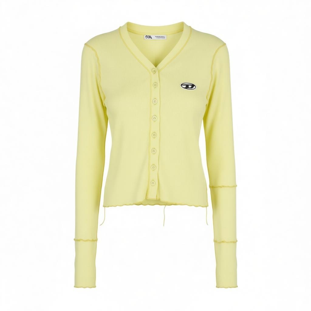 DIESEL T-Ribby-Open Women's T-Shirt S Yellow Ribbed Buttoned Crop Cardigan