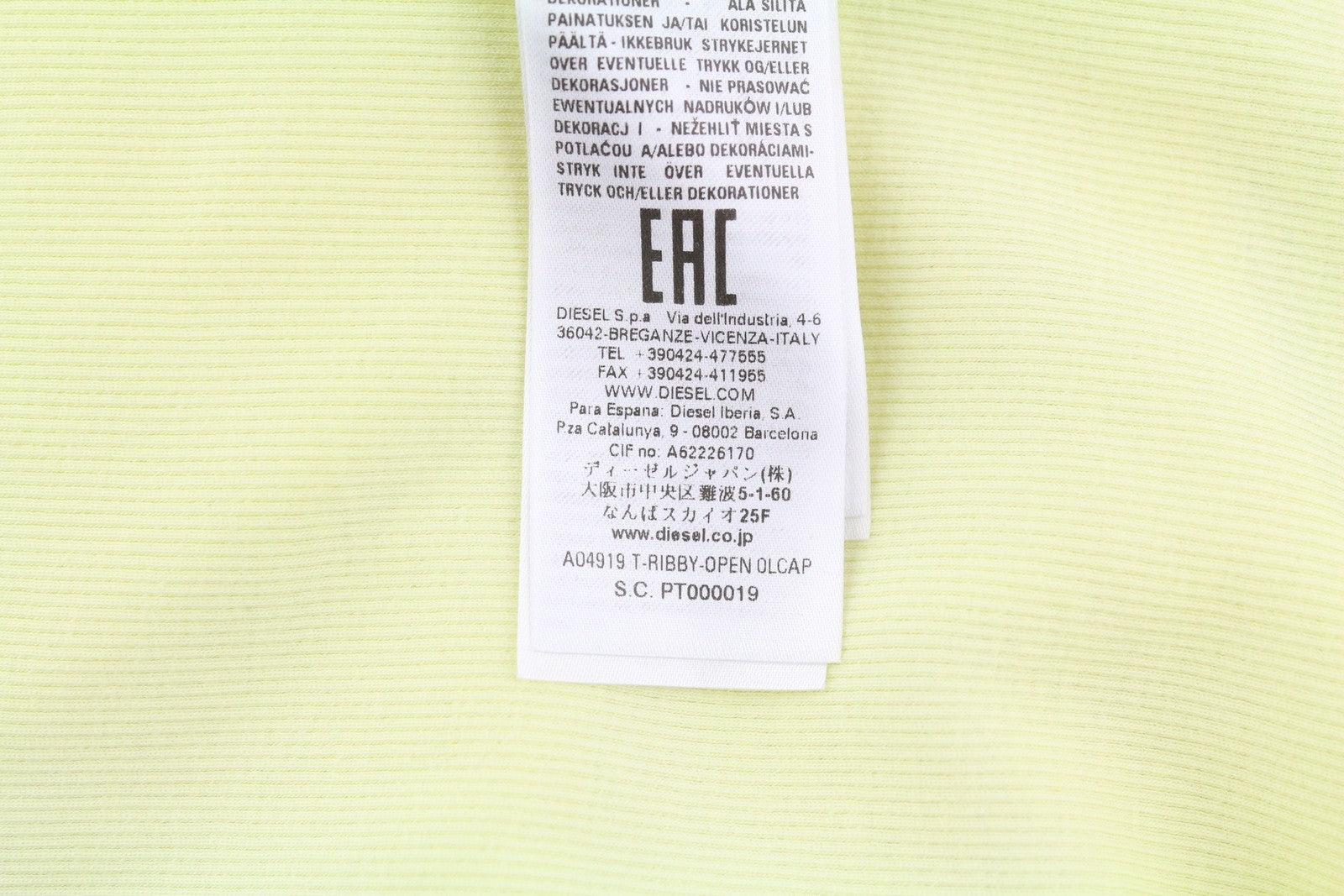 DIESEL T-Ribby-Open Women's T-Shirt S Yellow Ribbed Cropped Button Front