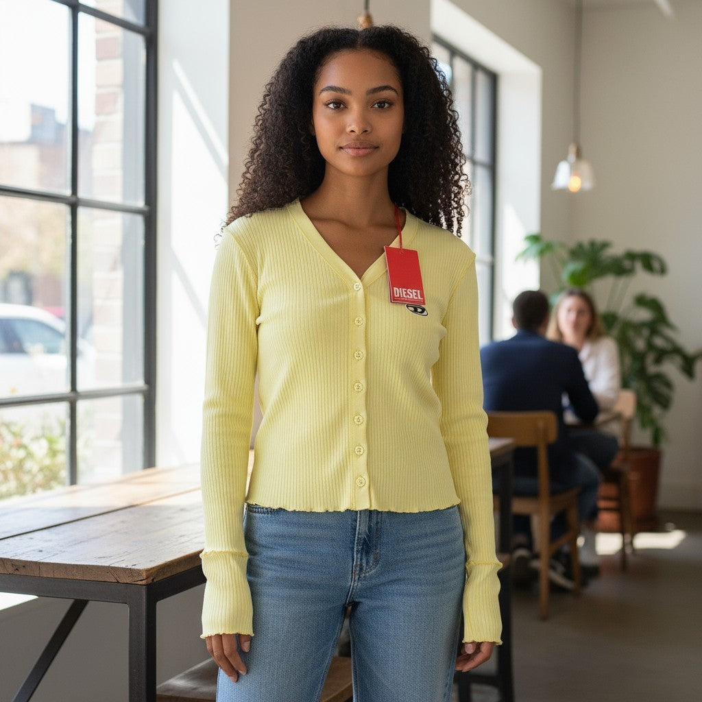 DIESEL T-Ribby-Open Women's T-Shirt S Yellow Ribbed Cropped Button Front